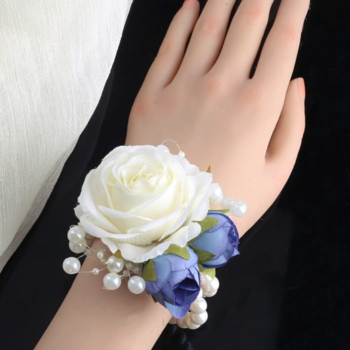 1pc Faux Pink Rose Nude Bride Bridesmaid Elastic Pearl Wrist Flower Wedding Accessory Multicolor SW102