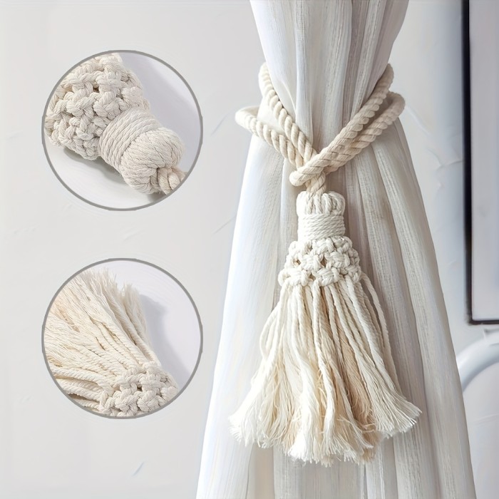 1\u002F2pcs Bohemian Style Curtain Tieback Rope, Handwoven Fringe Curtain Tiebacks, Curtain Decorative Pendants, Curtain Tie Clips, Vintage Window Accessory Hanging Rope, No Installation Needed, Durable and Easy to Clean, Suitable for Home Bedroom Living