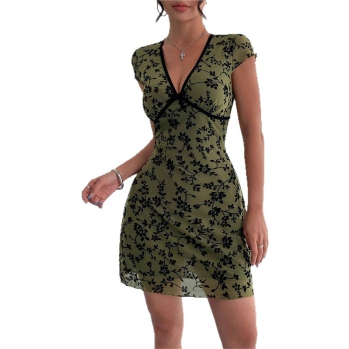 ✨Commute & Party Green Boho Floral Deep V Neck Bow Short Dress💚