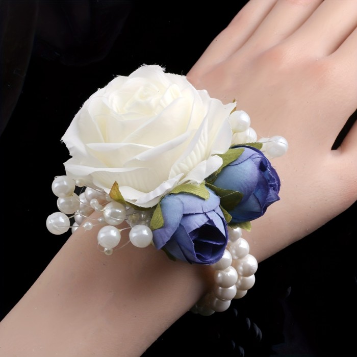 1pc Faux Pink Rose Nude Bride Bridesmaid Elastic Pearl Wrist Flower Wedding Accessory Multicolor SW102