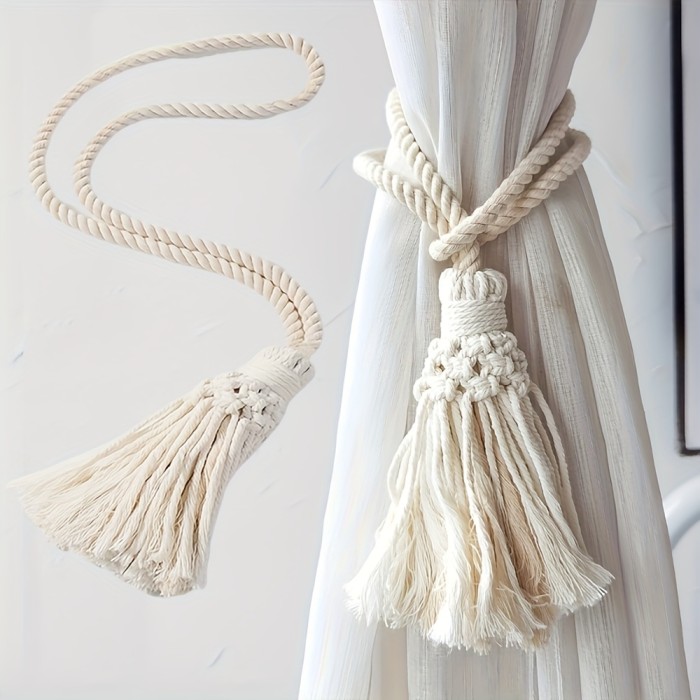 1\u002F2pcs Bohemian Style Curtain Tieback Rope, Handwoven Fringe Curtain Tiebacks, Curtain Decorative Pendants, Curtain Tie Clips, Vintage Window Accessory Hanging Rope, No Installation Needed, Durable and Easy to Clean, Suitable for Home Bedroom Living