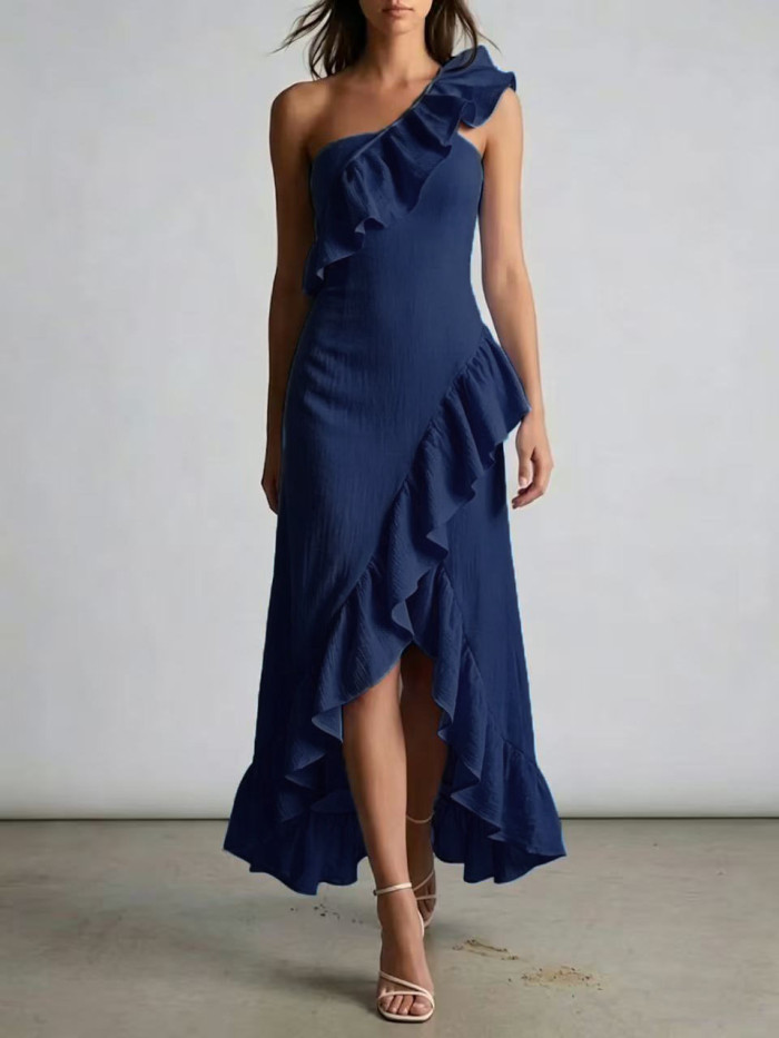 ✨Party & Daily Slant Neck Off Shoulder Ruffle Pleated Elegant Dress💃