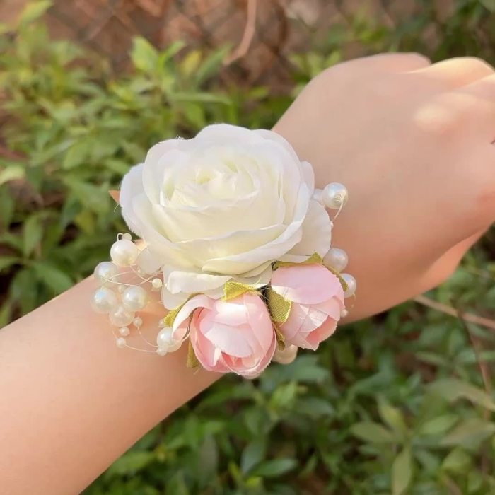 1pc Faux Pink Rose Nude Bride Bridesmaid Elastic Pearl Wrist Flower Wedding Accessory Multicolor SW102