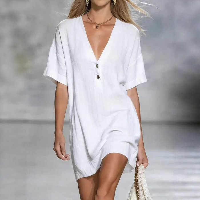 ✨Office & Daily V-Neck Single Breasted Button Loose Mini Dress🌼