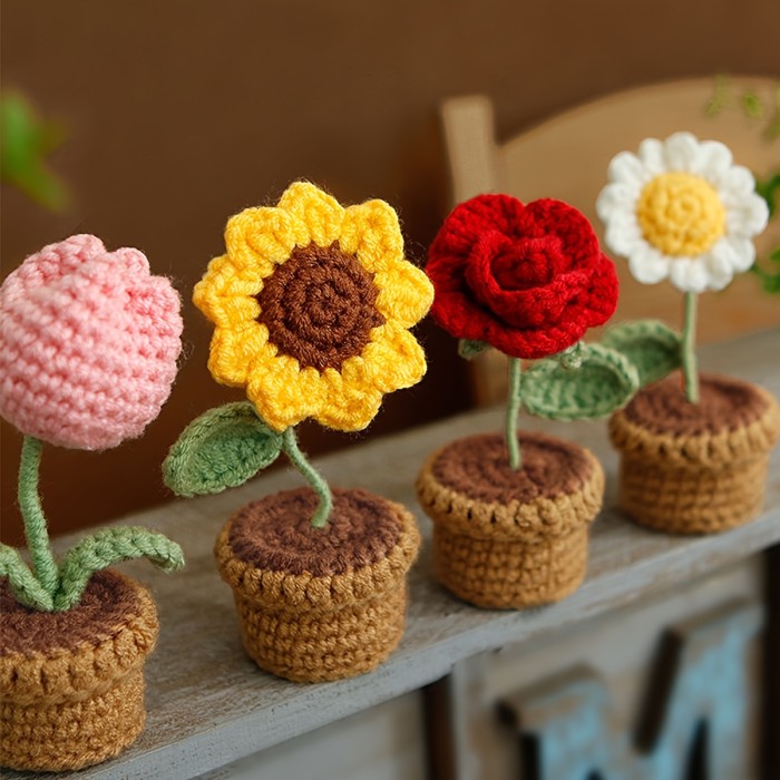 1pc Hand-Knitted Artificial Simulation Potted Plant, Crocheted Yarn Artificial Flower Decoration, Suitable for Mother's Day, Anniversaries, Birthdays, Valentine's Day Gifts, and as a Home or Office Desk Decoration for Mom, Friends, or Girlfriend