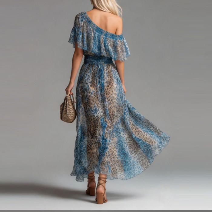 ✨Daily & Party Blue Leopard Print Slanted Collar Maxi Dress💙