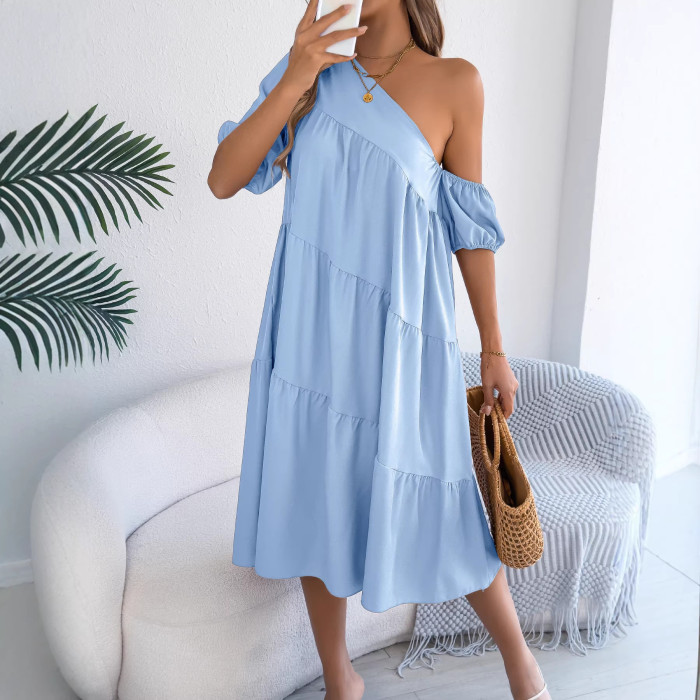✨Commute & Holiday Sloping Collar Short Sleeve Ruffled Loose Dress🌸