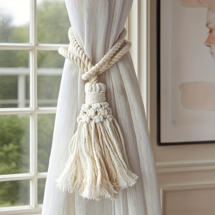 1\u002F2pcs Bohemian Style Curtain Tieback Rope, Handwoven Fringe Curtain Tiebacks, Curtain Decorative Pendants, Curtain Tie Clips, Vintage Window Accessory Hanging Rope, No Installation Needed, Durable and Easy to Clean, Suitable for Home Bedroom Living