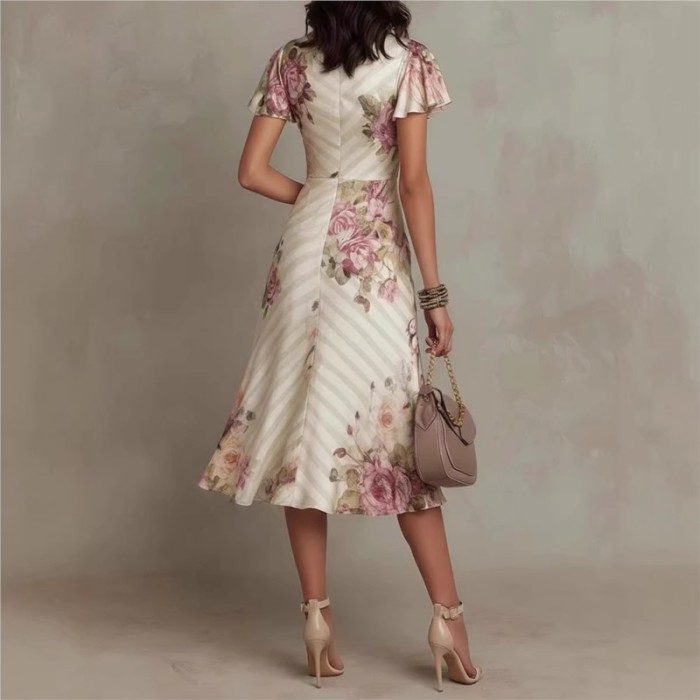 ✨Party & Cocktail Vintage Floral V-Neck Ruched Midi Dress🌸