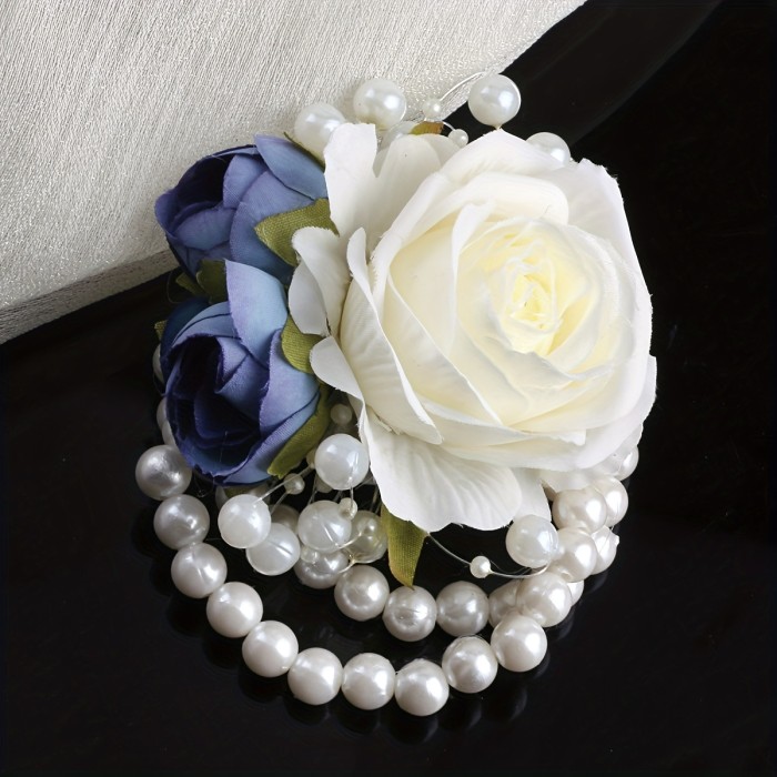 1pc Faux Pink Rose Nude Bride Bridesmaid Elastic Pearl Wrist Flower Wedding Accessory Multicolor SW102