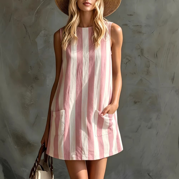 ✨Daily & Leisure Retro Striped Round Neck Sleeveless Mini Dress🌿