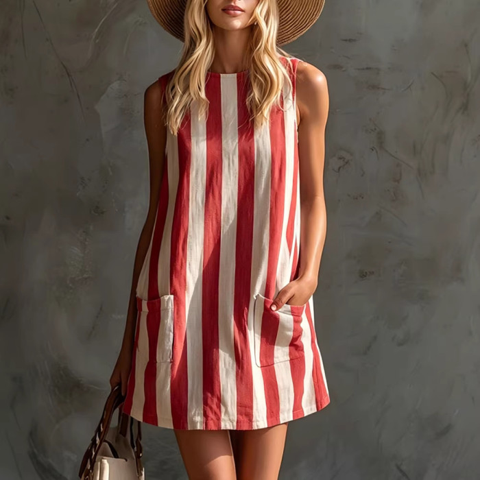 ✨Daily & Leisure Retro Striped Round Neck Sleeveless Mini Dress🌿