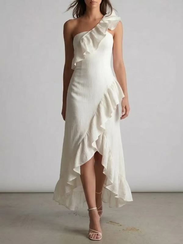 ✨Party & Daily Slant Neck Off Shoulder Ruffle Pleated Elegant Dress💃
