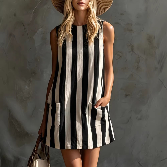 ✨Daily & Leisure Retro Striped Round Neck Sleeveless Mini Dress🌿