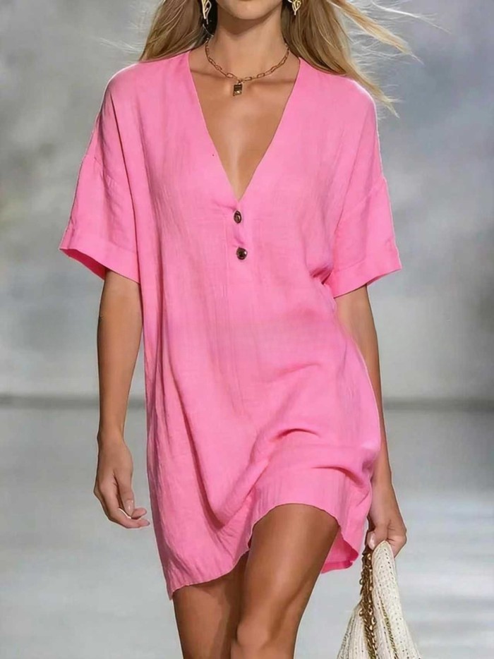 ✨Office & Daily V-Neck Single Breasted Button Loose Mini Dress🌼