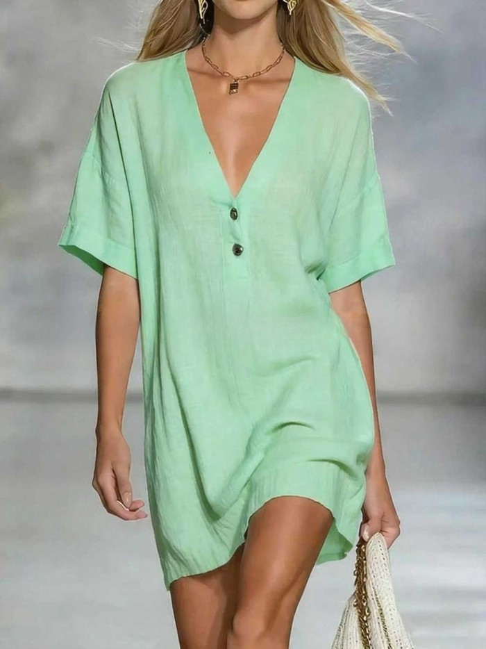 ✨Office & Daily V-Neck Single Breasted Button Loose Mini Dress🌼