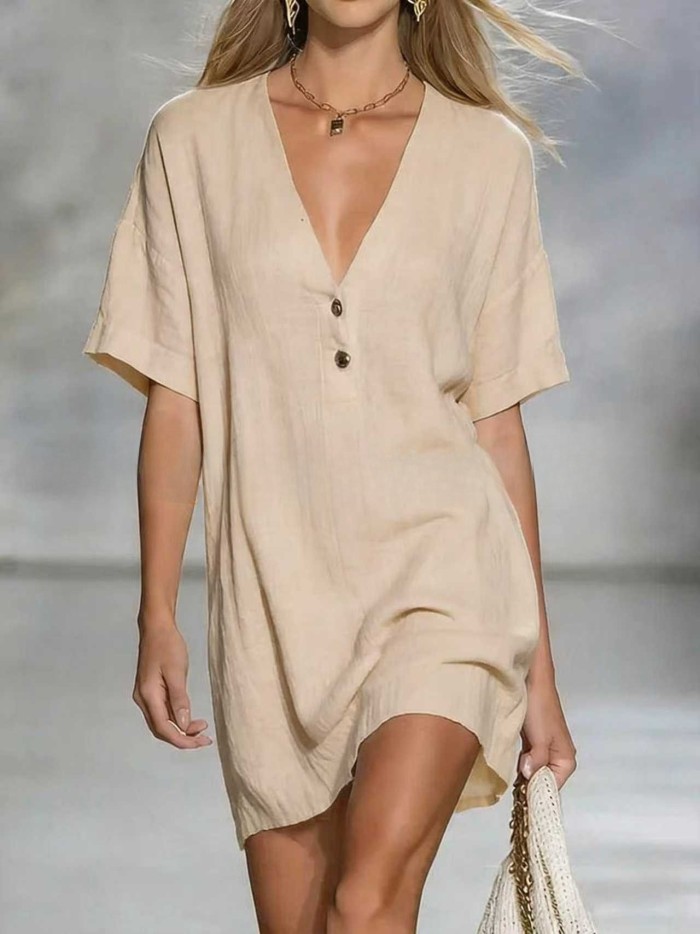 ✨Office & Daily V-Neck Single Breasted Button Loose Mini Dress🌼