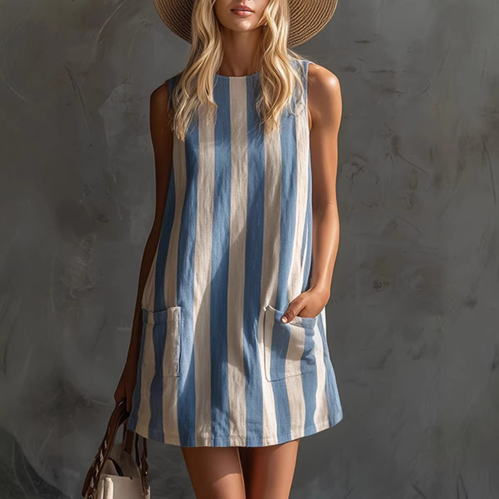 ✨Daily & Leisure Retro Striped Round Neck Sleeveless Mini Dress🌿