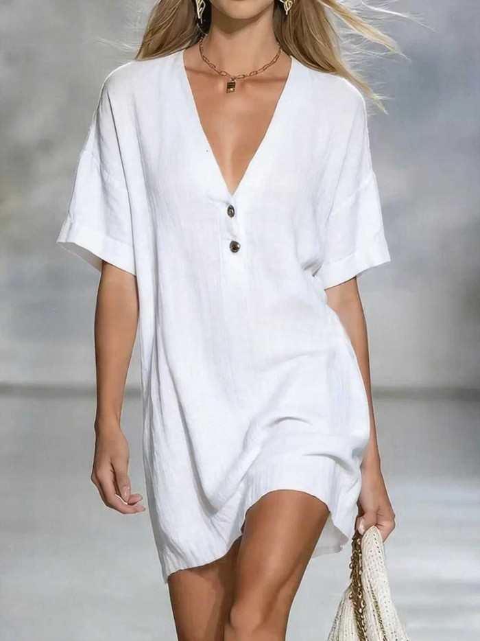 ✨Office & Daily V-Neck Single Breasted Button Loose Mini Dress🌼