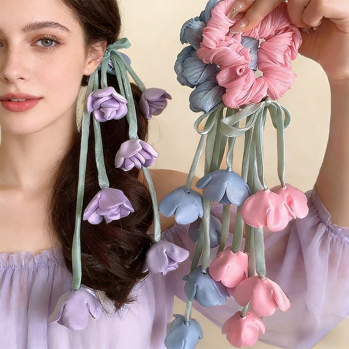1pc AYLHFO New Lily of The Valley Tulip Floral Large Intestine Hair Tie, Women'S Fashion Bohemian Long Tassel Tulip Flower High Elastic Hair Tie, Ponytail Hair Tie, Suitable for Daily And Holiday Party Wear