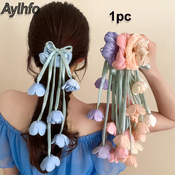 1pc AYLHFO New Lily of The Valley Tulip Floral Large Intestine Hair Tie, Women'S Fashion Bohemian Long Tassel Tulip Flower High Elastic Hair Tie, Ponytail Hair Tie, Suitable for Daily And Holiday Party Wear