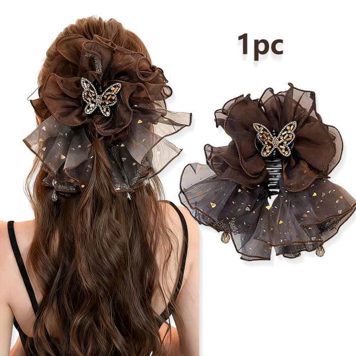 1pc New Rhinestone Mesh Acrylic Hair Claw Clip, Women's Vintage Elegant Shiny Rhinestone Butterfly Mesh Large Hair Clip, Shark Clip, Suitable for Daily and Festival Party Wear