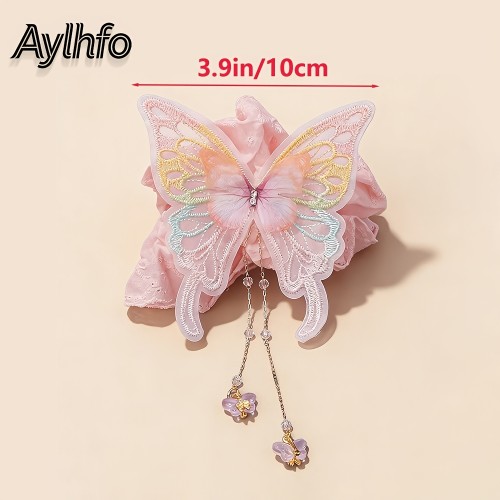 1pc AYLHFO New Spring Colorful Butterfly Embroidered Fabric Hair Tie, ' Cute Chain Butterfly Pendant Fabric Hair Bun, 'S Cute Butterfly Hair Additions, Suitable for Daily And Holiday Party Wear