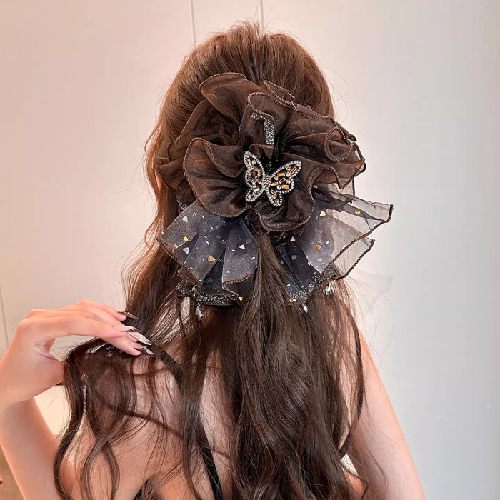 1pc New Rhinestone Mesh Acrylic Hair Claw Clip, Women's Vintage Elegant Shiny Rhinestone Butterfly Mesh Large Hair Clip, Shark Clip, Suitable for Daily and Festival Party Wear