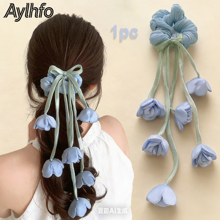 1pc AYLHFO New Lily of The Valley Tulip Floral Large Intestine Hair Tie, Women'S Fashion Bohemian Long Tassel Tulip Flower High Elastic Hair Tie, Ponytail Hair Tie, Suitable for Daily And Holiday Party Wear
