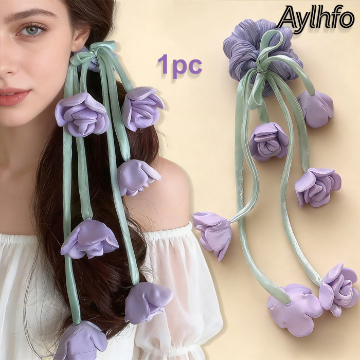 1pc AYLHFO New Lily of The Valley Tulip Floral Large Intestine Hair Tie, Women'S Fashion Bohemian Long Tassel Tulip Flower High Elastic Hair Tie, Ponytail Hair Tie, Suitable for Daily And Holiday Party Wear