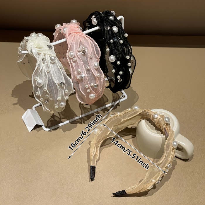 💎Trendy Mesh Headband | Rhinestone & Faux Pearl Hair Hoop for Daily Wear