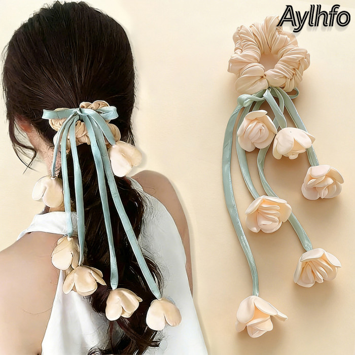 1pc AYLHFO New Lily of The Valley Tulip Floral Large Intestine Hair Tie, Women'S Fashion Bohemian Long Tassel Tulip Flower High Elastic Hair Tie, Ponytail Hair Tie, Suitable for Daily And Holiday Party Wear