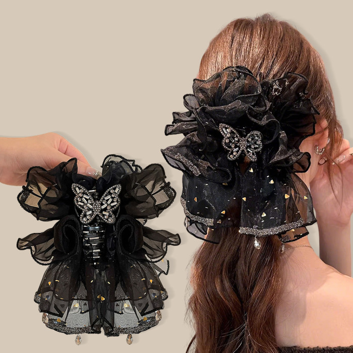 1pc New Rhinestone Mesh Acrylic Hair Claw Clip, Women's Vintage Elegant Shiny Rhinestone Butterfly Mesh Large Hair Clip, Shark Clip, Suitable for Daily and Festival Party Wear