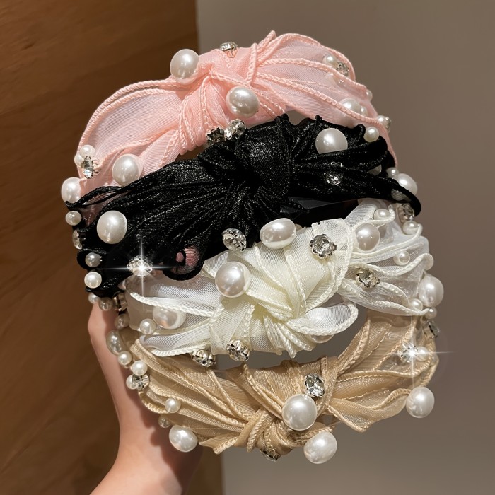💎Trendy Mesh Headband | Rhinestone & Faux Pearl Hair Hoop for Daily Wear