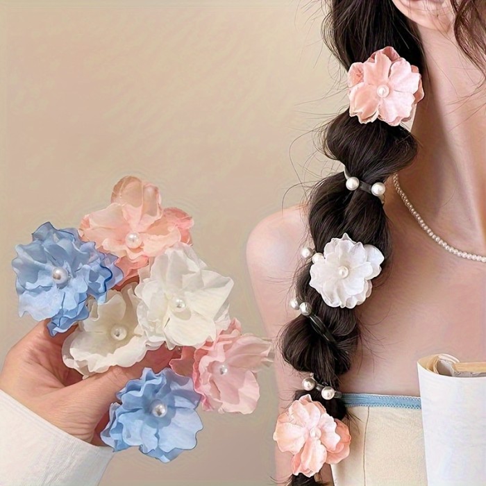 1pc New Colorful Flower Beaded Telephone Cord Hair Tie for Women, Fashionable Bohemian Style Flower Telephone Cord Braided Hair Rope Suitable for Daily Wear And Beach Vacation, Women'S Fashion Hair Additions