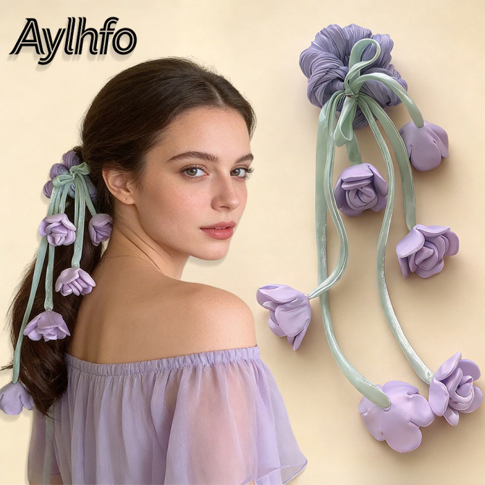 1pc AYLHFO New Lily of The Valley Tulip Floral Large Intestine Hair Tie, Women'S Fashion Bohemian Long Tassel Tulip Flower High Elastic Hair Tie, Ponytail Hair Tie, Suitable for Daily And Holiday Party Wear
