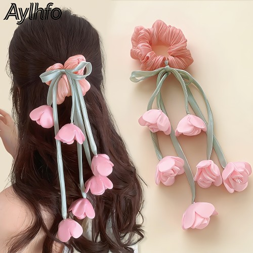 1pc AYLHFO New Lily of The Valley Tulip Floral Large Intestine Hair Tie, Women'S Fashion Bohemian Long Tassel Tulip Flower High Elastic Hair Tie, Ponytail Hair Tie, Suitable for Daily And Holiday Party Wear