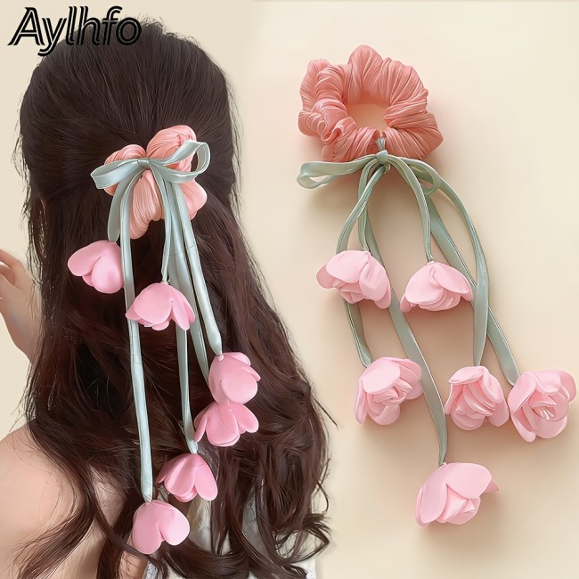 1pc AYLHFO New Lily of The Valley Tulip Floral Large Intestine Hair Tie, Women'S Fashion Bohemian Long Tassel Tulip Flower High Elastic Hair Tie, Ponytail Hair Tie, Suitable for Daily And Holiday Party Wear