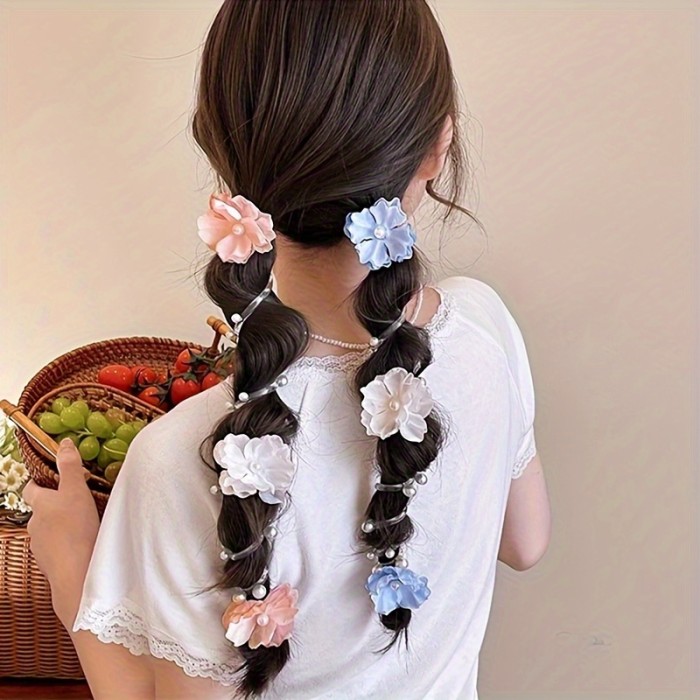1pc New Colorful Flower Beaded Telephone Cord Hair Tie for Women, Fashionable Bohemian Style Flower Telephone Cord Braided Hair Rope Suitable for Daily Wear And Beach Vacation, Women'S Fashion Hair Additions