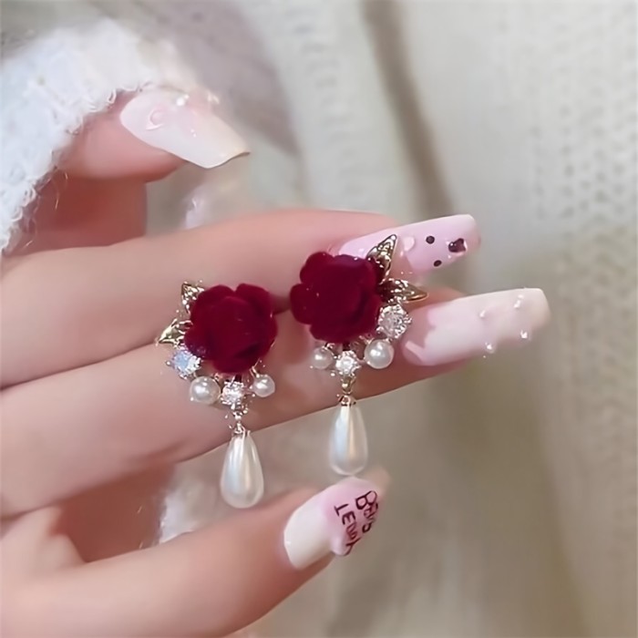 ✨Wedding & Party Burgundy Rose Pearl Earrings🌹