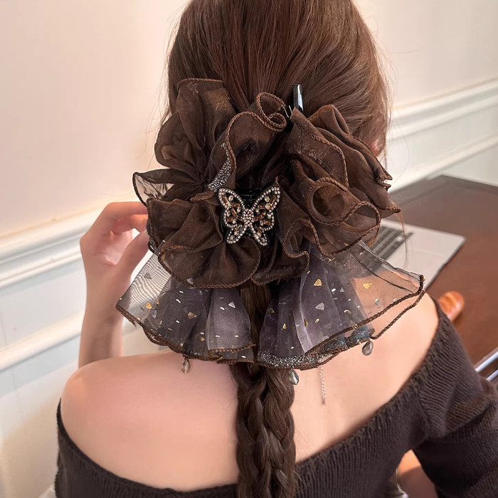 1pc New Rhinestone Mesh Acrylic Hair Claw Clip, Women's Vintage Elegant Shiny Rhinestone Butterfly Mesh Large Hair Clip, Shark Clip, Suitable for Daily and Festival Party Wear