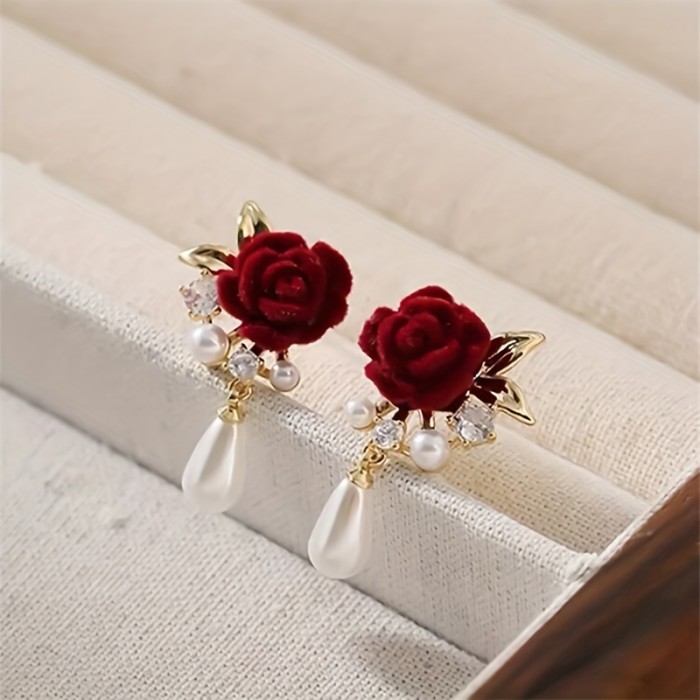 ✨Wedding & Party Burgundy Rose Pearl Earrings🌹