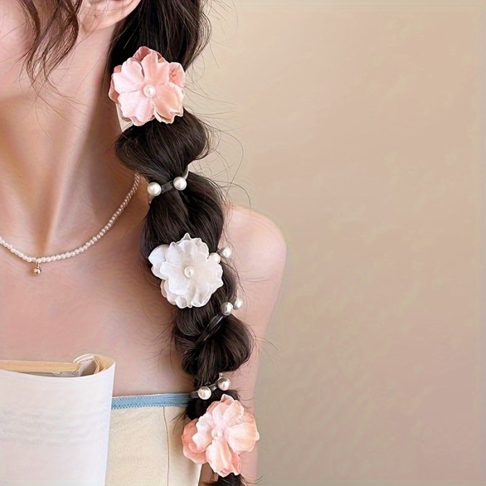 1pc New Colorful Flower Beaded Telephone Cord Hair Tie for Women, Fashionable Bohemian Style Flower Telephone Cord Braided Hair Rope Suitable for Daily Wear And Beach Vacation, Women'S Fashion Hair Additions