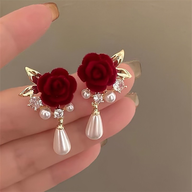 ✨Wedding & Party Burgundy Rose Pearl Earrings🌹