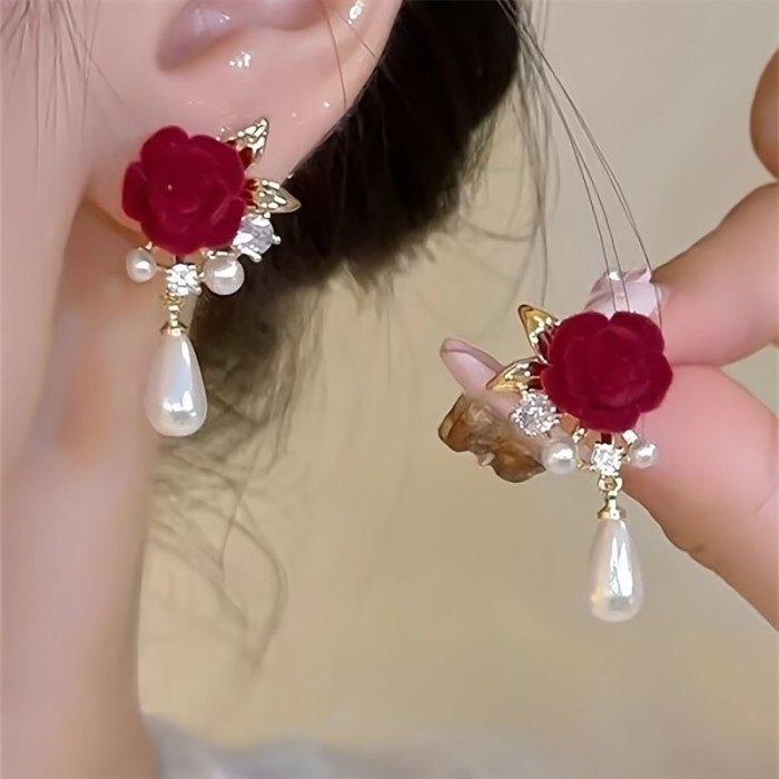 ✨Wedding & Party Burgundy Rose Pearl Earrings🌹