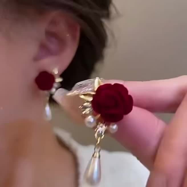 ✨Wedding & Party Burgundy Rose Pearl Earrings🌹