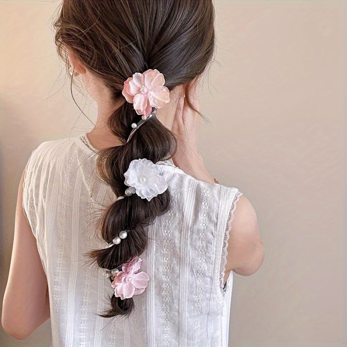 1pc New Colorful Flower Beaded Telephone Cord Hair Tie for Women, Fashionable Bohemian Style Flower Telephone Cord Braided Hair Rope Suitable for Daily Wear And Beach Vacation, Women'S Fashion Hair Additions