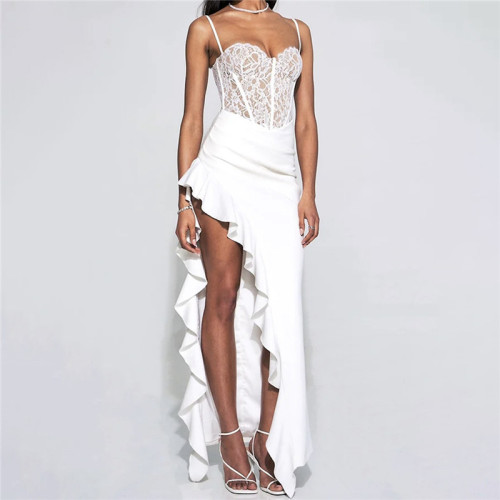 ✨Club & Party Solid Lace Patchwork Wrap Chest Suspender Long Dress🖤