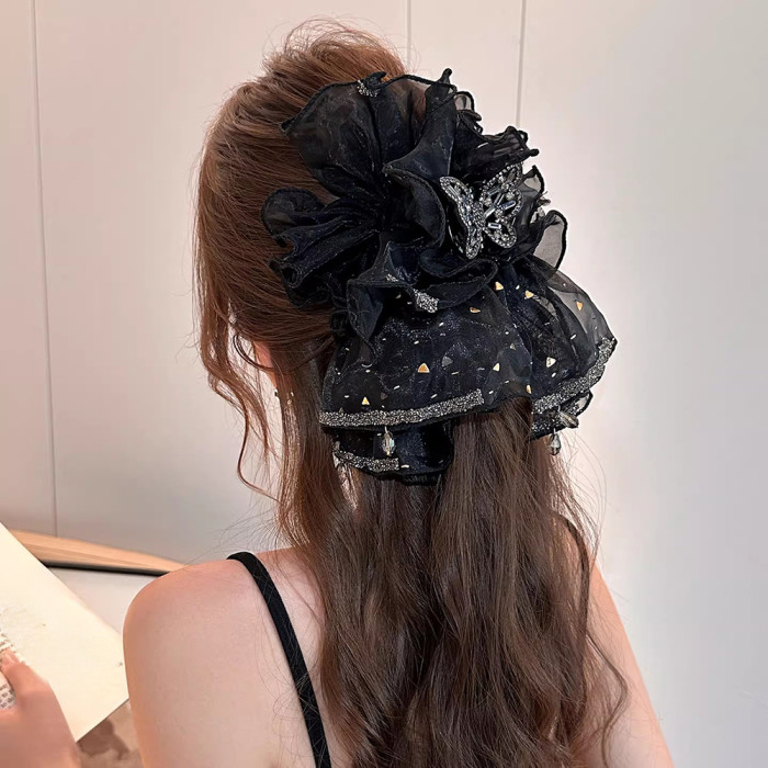 1pc New Rhinestone Mesh Acrylic Hair Claw Clip, Women's Vintage Elegant Shiny Rhinestone Butterfly Mesh Large Hair Clip, Shark Clip, Suitable for Daily and Festival Party Wear