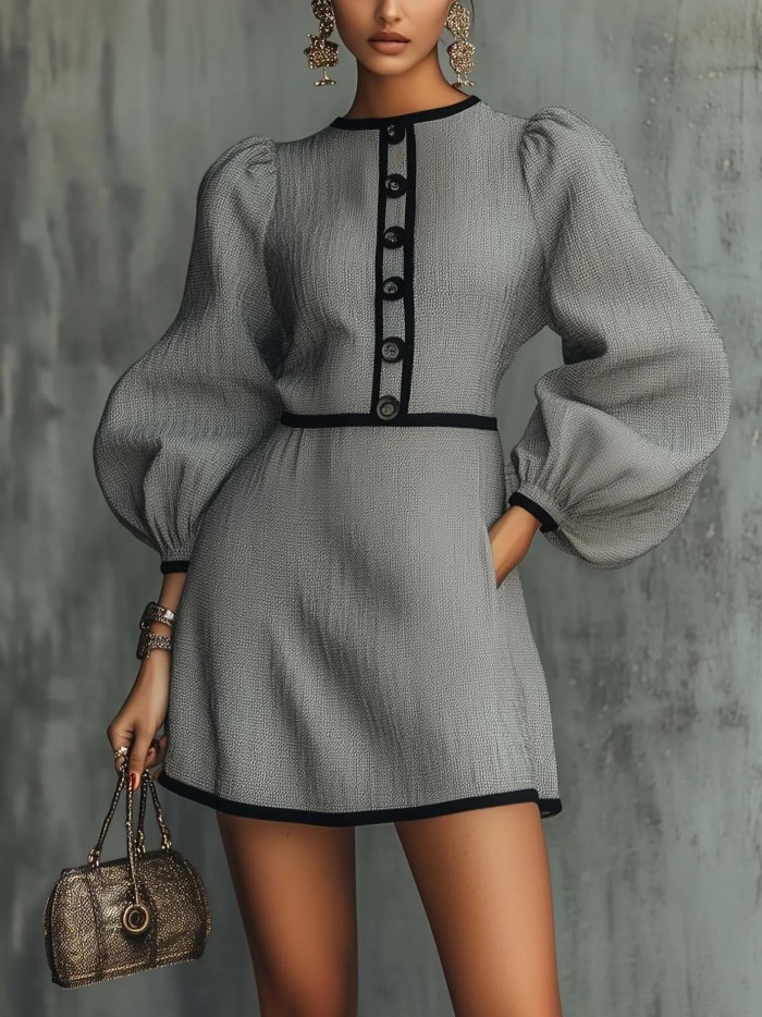 ✨Office & Daily Lantern Sleeve Button Mini Dress🍂